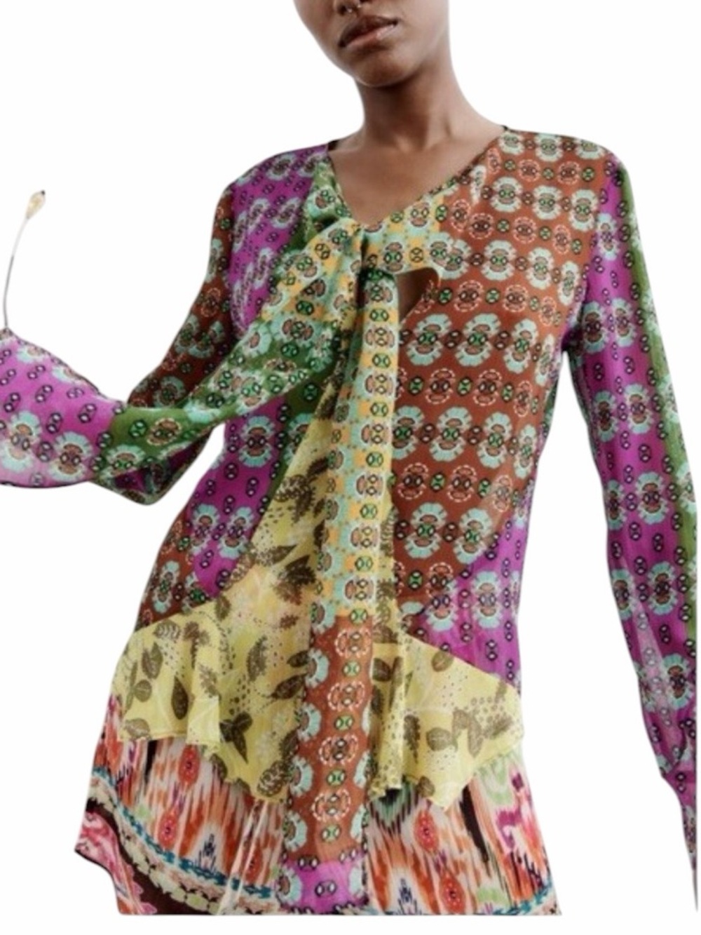 Zara Patchwork Boho Print Tie Front Ruffle Blouse Multicolor Large - Picture 1 of 15